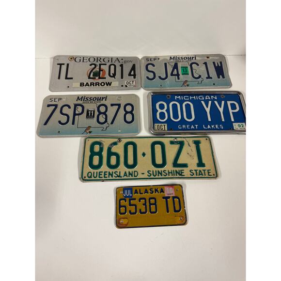 License Plate Auto Car Tags Vehicle Lot Of Six Alaska MO GA MI Queensland - Picture 1 of 5